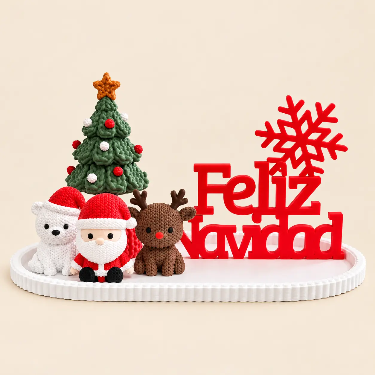 Set navideño Kaleta con Santa, oso polar, reno, árbol y letras Feliz Navidad sobre una bandeja